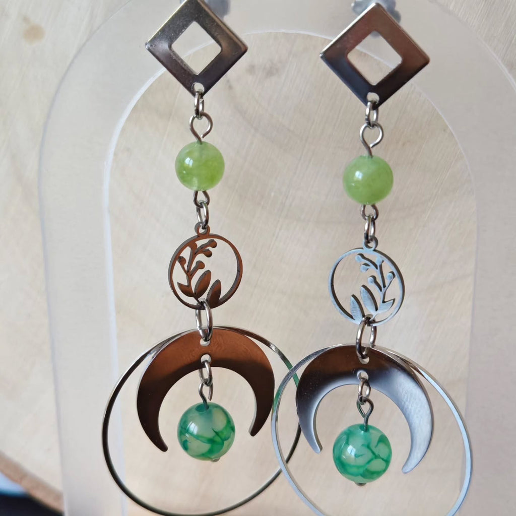 Cercles argentés et perles vertes — Péridot et agate