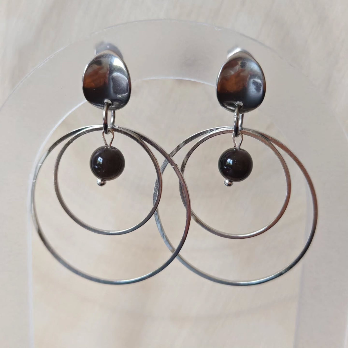Double anneau argenté — Obsidienne argentée