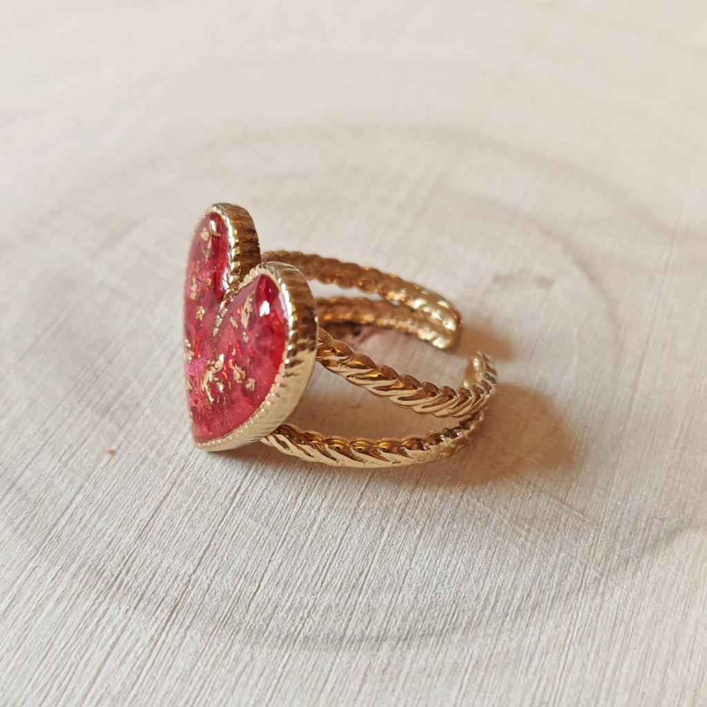 Bague cœur rouge et paillettes d'or