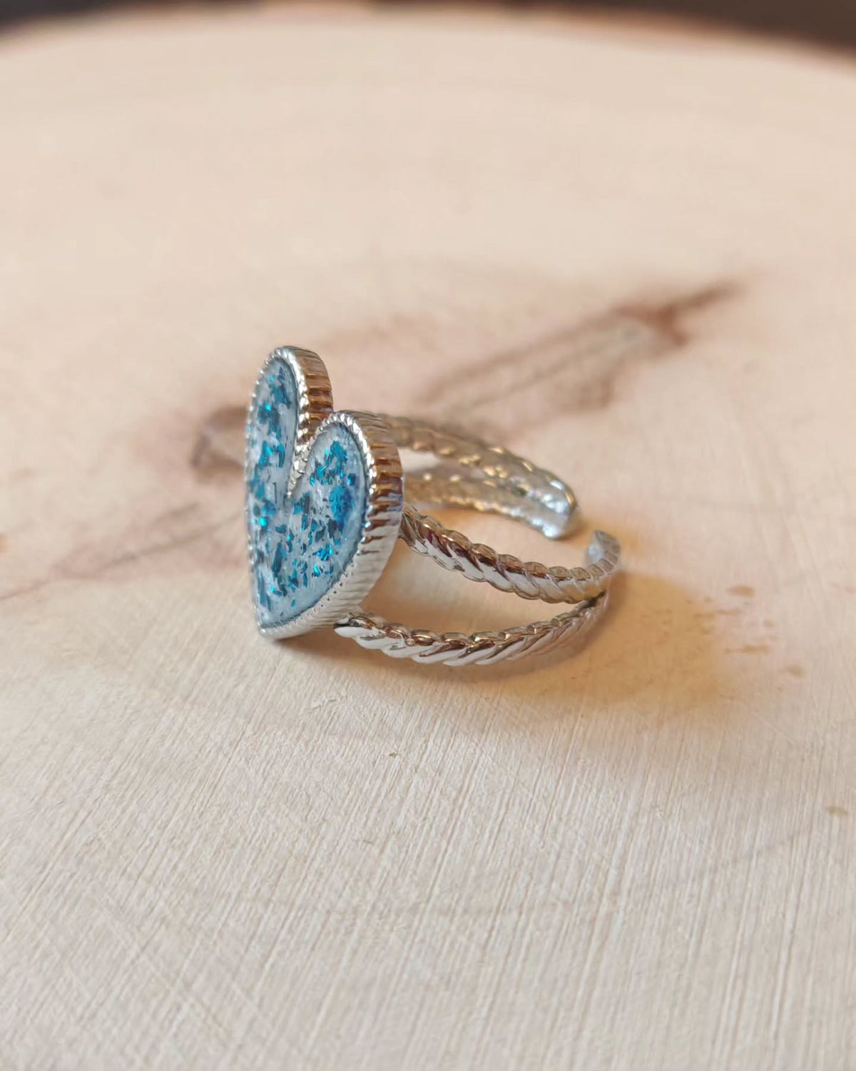 Bague cœur bleu pailleté